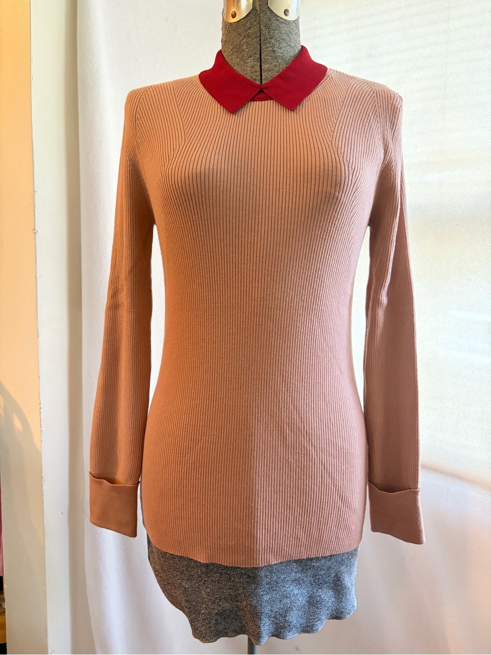 Paule Ka sleek wool-blend ribbed sweater with contrast collar